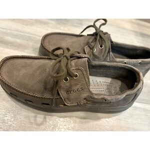 Crocs Harborline Mens 7 Boat Shoes Espresso Brown Leather Loafers Deck Shoes